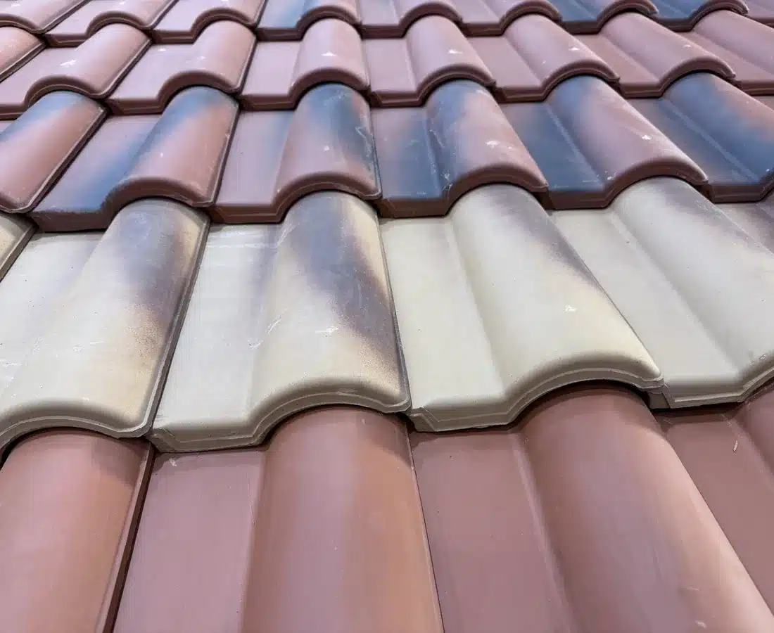 Close view of terracotta roof tiles where possums push through at the ridge